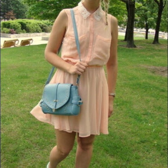 h&m peach chiffon dress like new lace collar - Picture 3 of 3